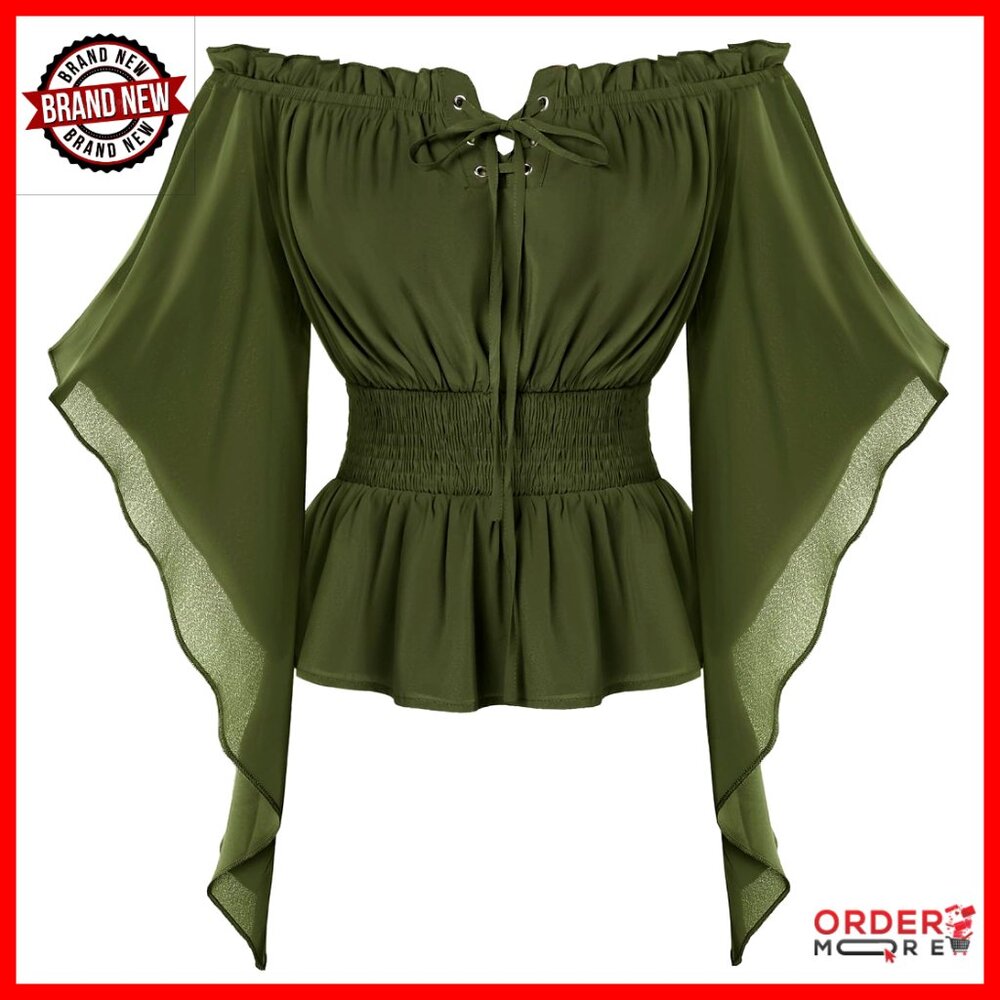 Small Renaissance Blouse Off Shoulder Bell Sleeve Smocked Waist Polyester